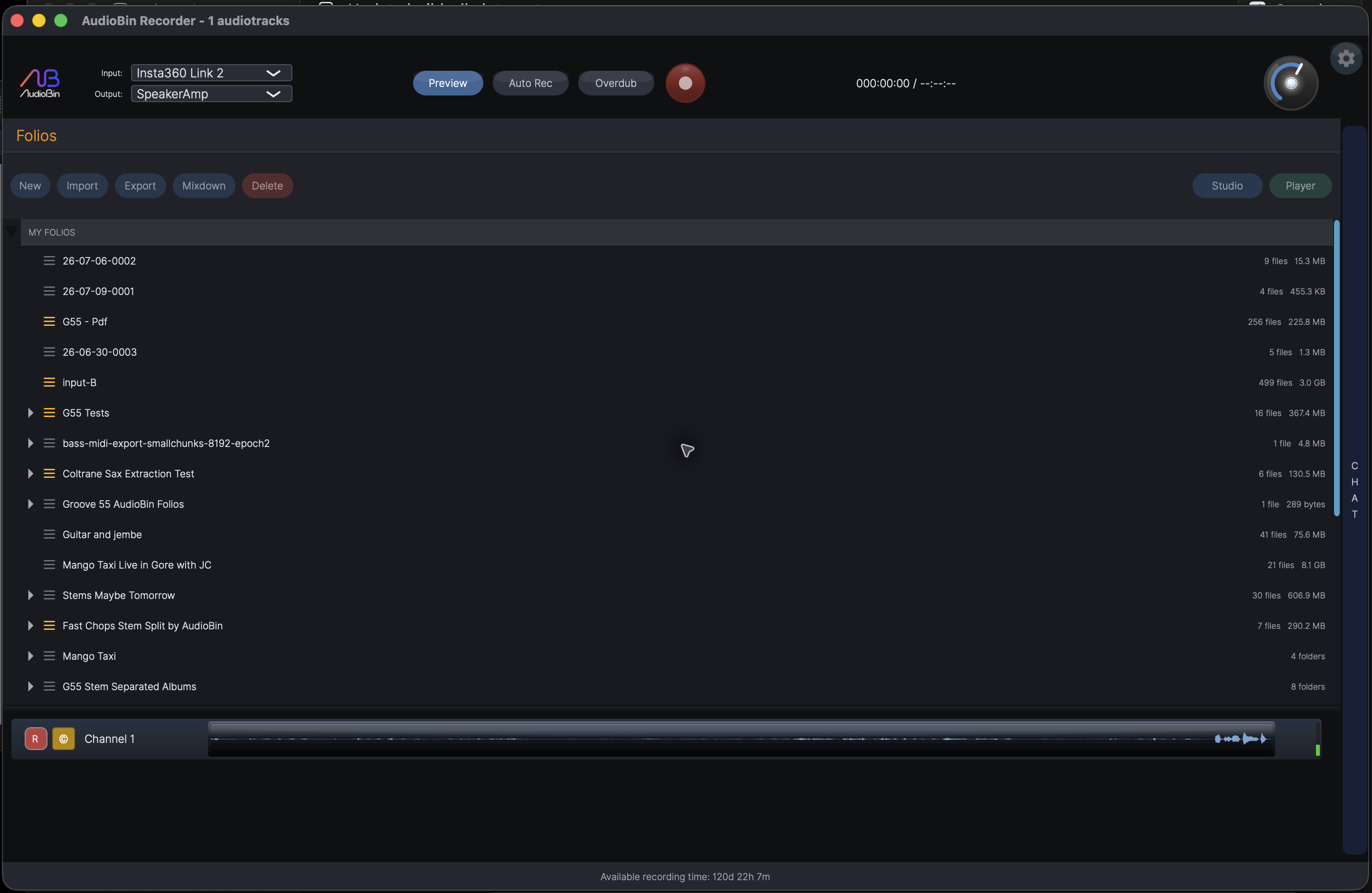 AudioBin Recorder showing local sessions, recording controls, and multitrack waveforms