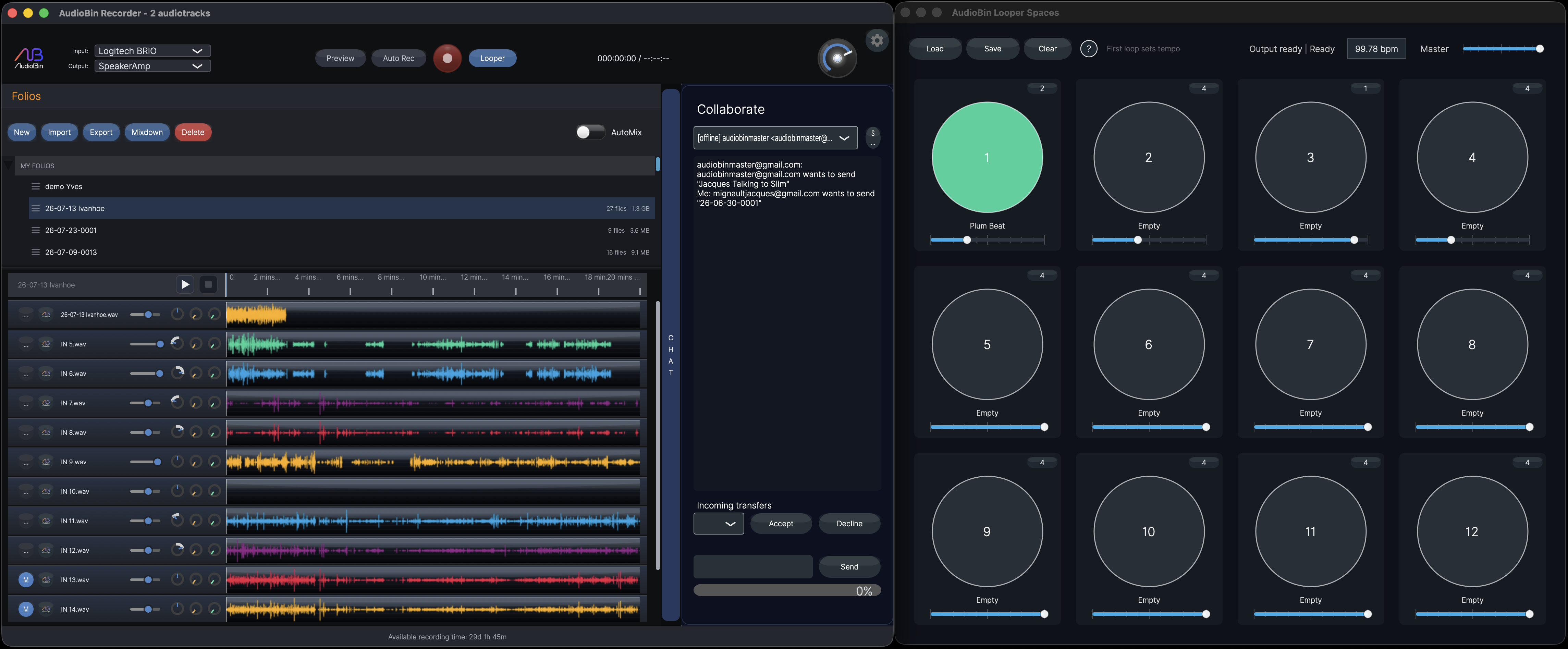 AudioBin Recorder playing a multitrack local session beside AudioBin Looper Spaces